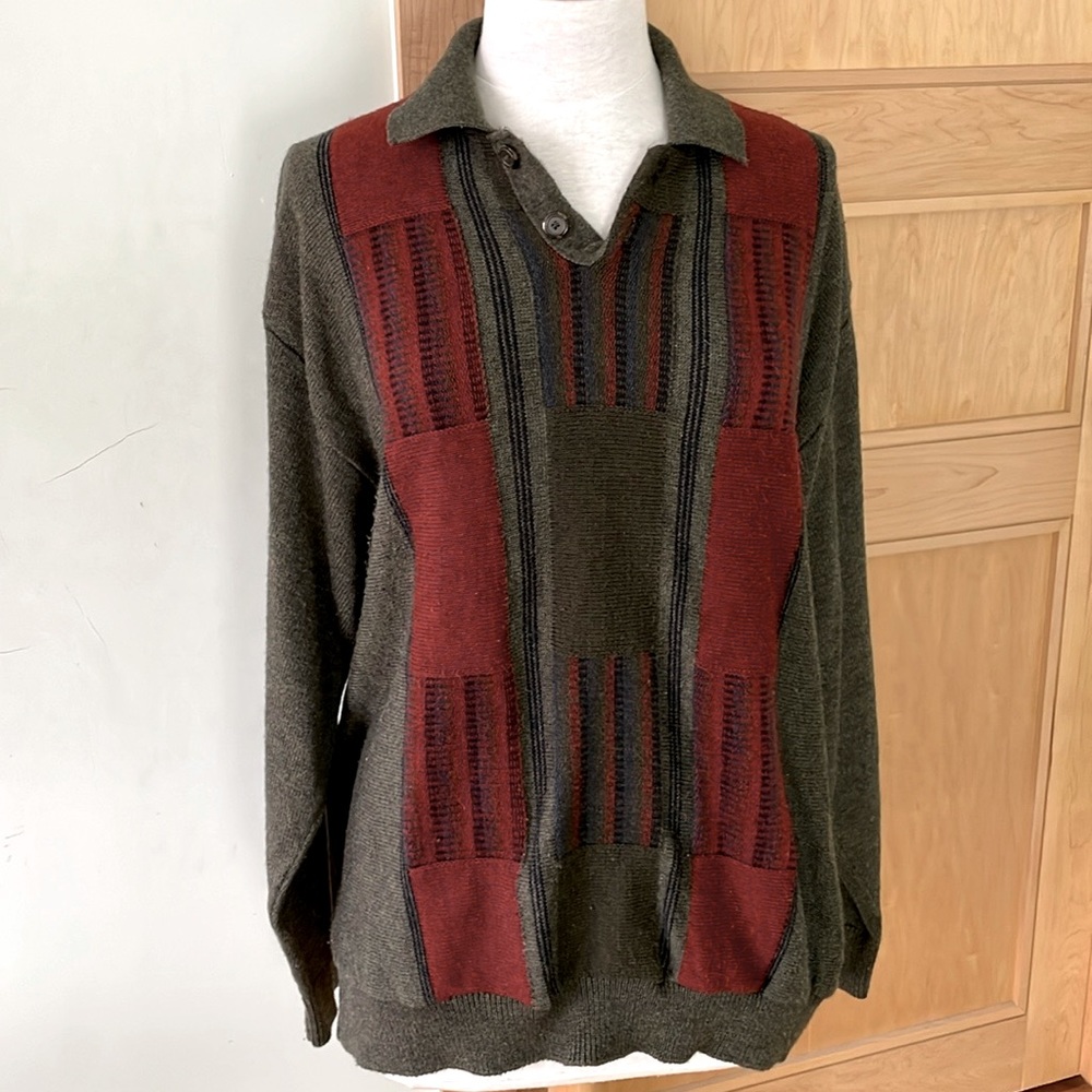 🇨🇦 Vintage Orvieto Wool Blend Long Sleeve Green Orange Sweater, Size L